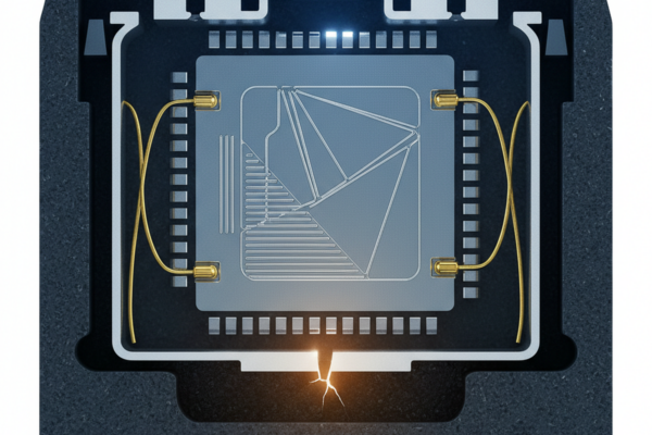 The Silent Killer: Why MEMS Pass Reflow but Fail the Field A cutaway view of a square microchip package reveals internal silicon architecture and gold wire bonds. A glowing orange fracture appears at the bottom interface between the casing and the internal structure.