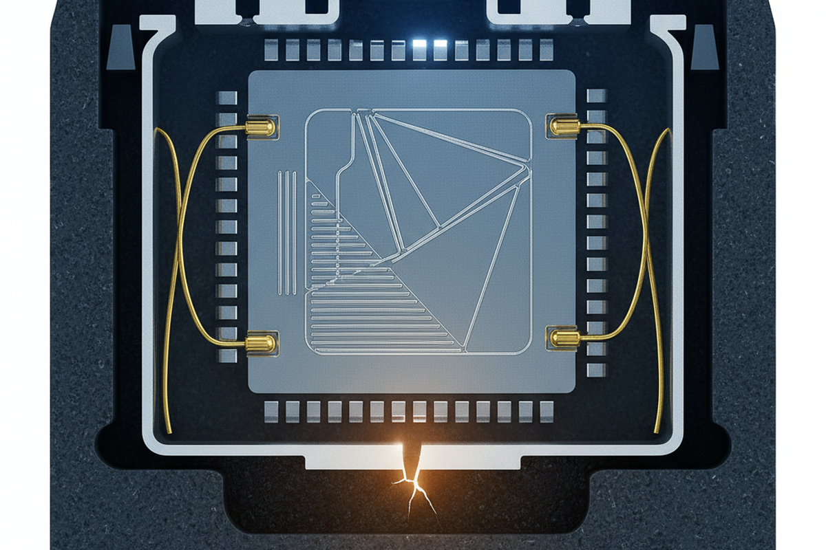 A cutaway view of a square microchip package reveals internal silicon architecture and gold wire bonds. A glowing orange fracture appears at the bottom interface between the casing and the internal structure.