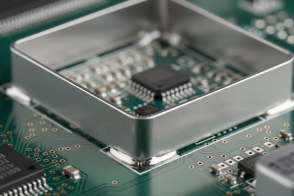 The Physics of the Shield: Avoiding the "Bead Trap" in RF Assembly A square metal RF shield frame is mounted on a green circuit board, surrounding an integrated circuit and smaller components. The shiny silver walls are soldered to the board with visible fillets along the base.