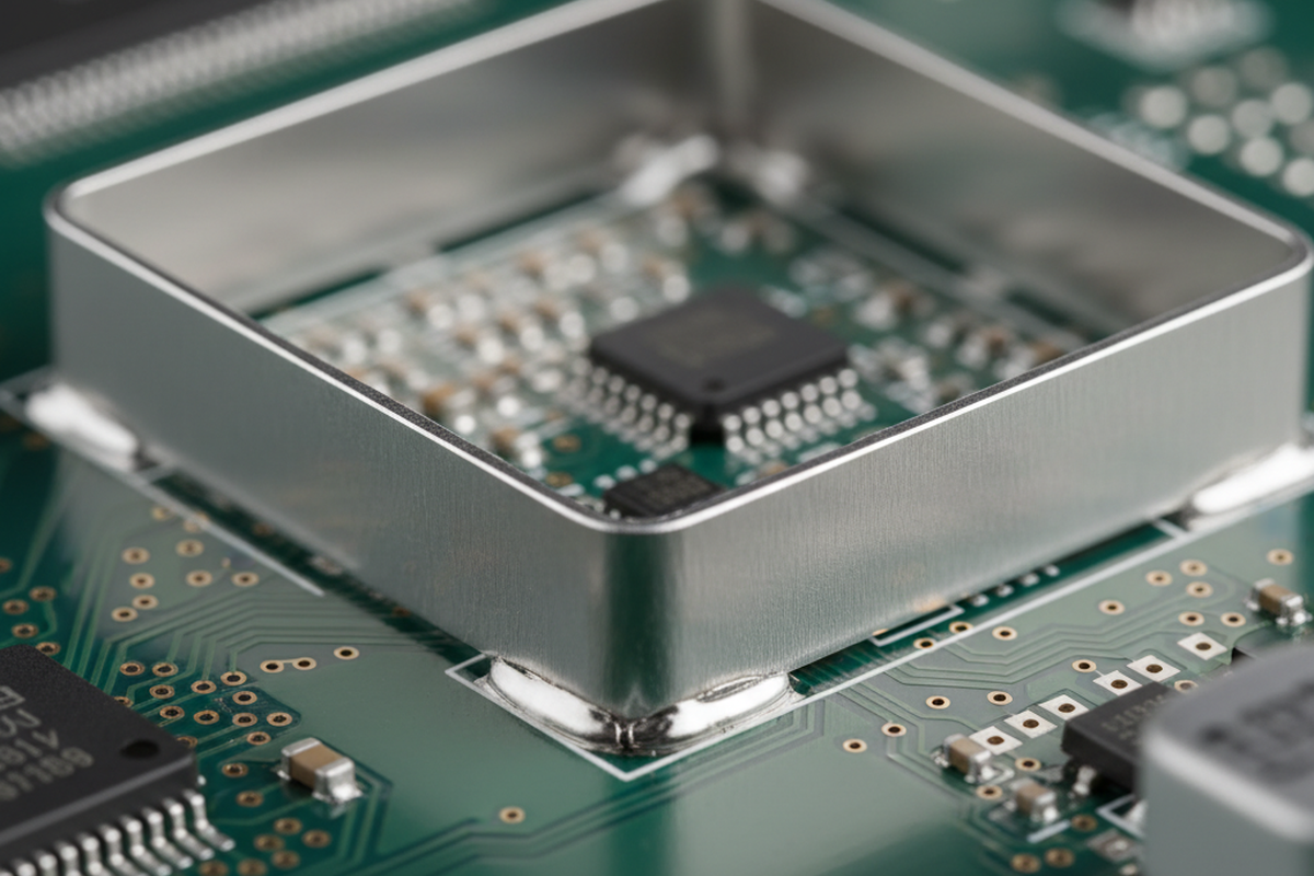 A square metal RF shield frame is mounted on a green circuit board, surrounding an integrated circuit and smaller components. The shiny silver walls are soldered to the board with visible fillets along the base.