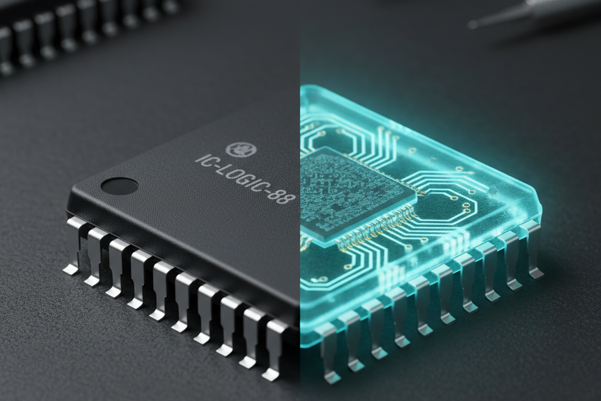 A close-up rendering displays an integrated circuit divided into a realistic black exterior on the left and a glowing blue internal schematic on the right. The chip rests on a dark workbench surface with blurred precision tools in the background.