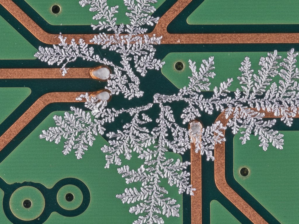 Microscopic view of dendrites A microscopic view of fern-like metallic crystals growing across the gap between two copper traces on a green circuit board.