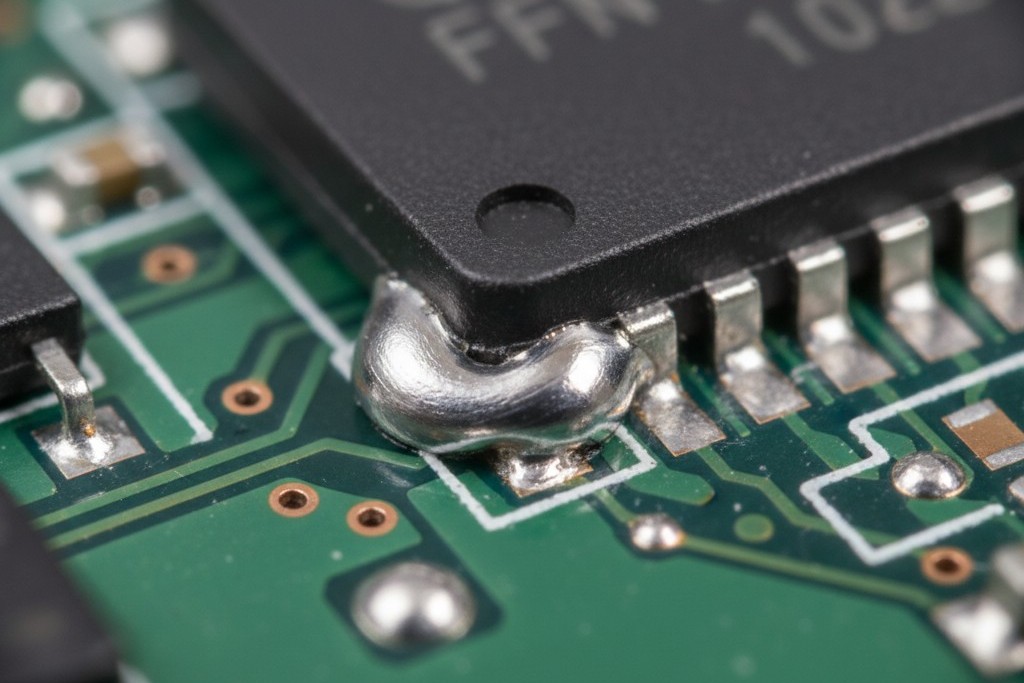 Микроскопический дефект замыкания припоя Сильно увеличенный вид QFN-чипа на зеленой печатной плате, показывающий расплавленный припой, образующий мост между двумя соседними выводами.