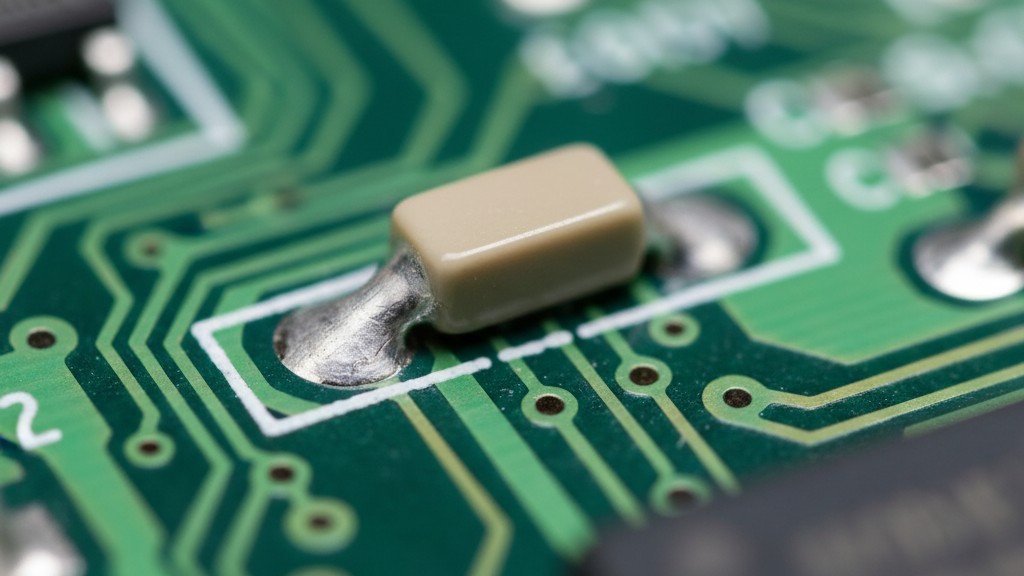 Макросъемка MLCC конденсатора Экстремальный крупный план маленького бежевого многослойного керамического конденсатора (MLCC), припаянного на зеленую печатную плату.