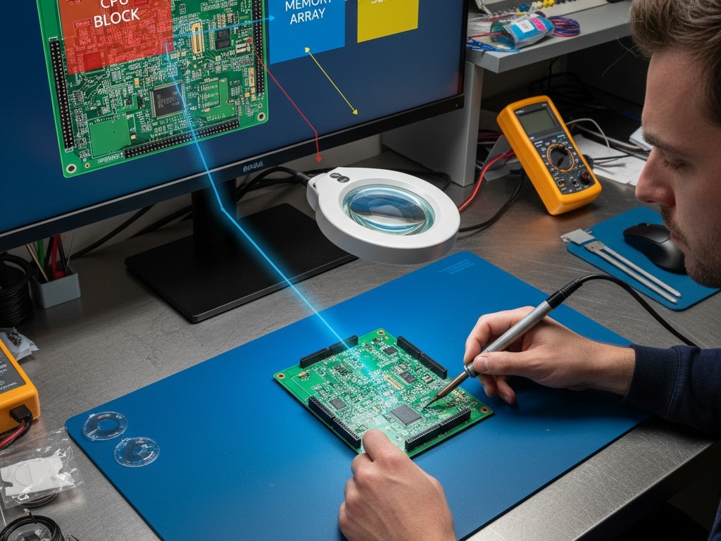 Technician checking assembly drawing An electronics technician inspects a physical circuit board while referencing a color-coded diagram on a monitor nearby.