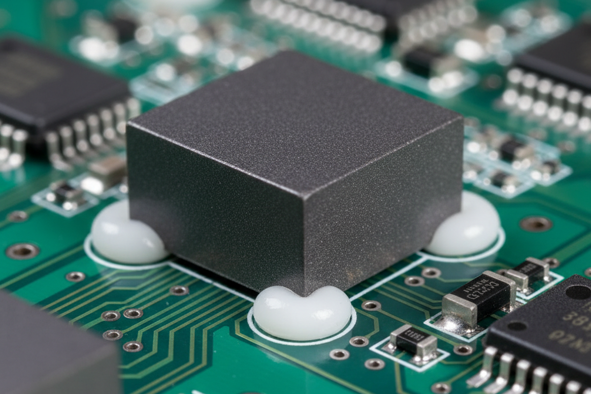 A square, matte-grey component sits on a green circuit board, secured by four white mounds of adhesive at its corners. Surrounding the central block are smaller surface-mount chips and intricate copper traces.