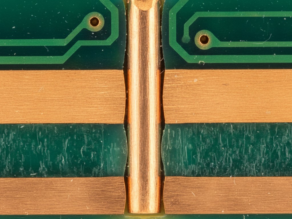 PCB cross-section macro An extreme close-up cross-section of a multi-layer PCB, showing alternating layers of fiberglass and copper with vertical connections.