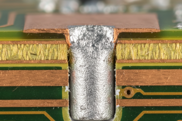 A magnified cross-section of a printed circuit board displays a vertical channel filled with solid silver solder. Alternating layers of orange copper and textured yellow fiberglass surround the central barrel.