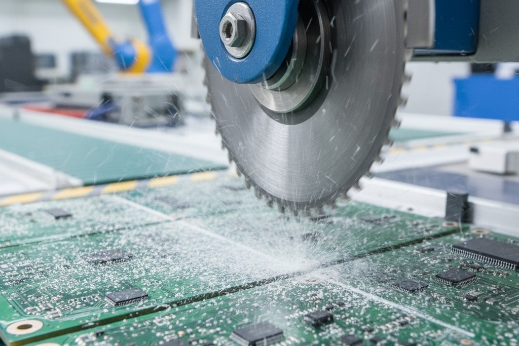 V-score PCB depaneling blade A close-up action shot of a circular steel blade rolling along the V-groove of a green circuit board panel.