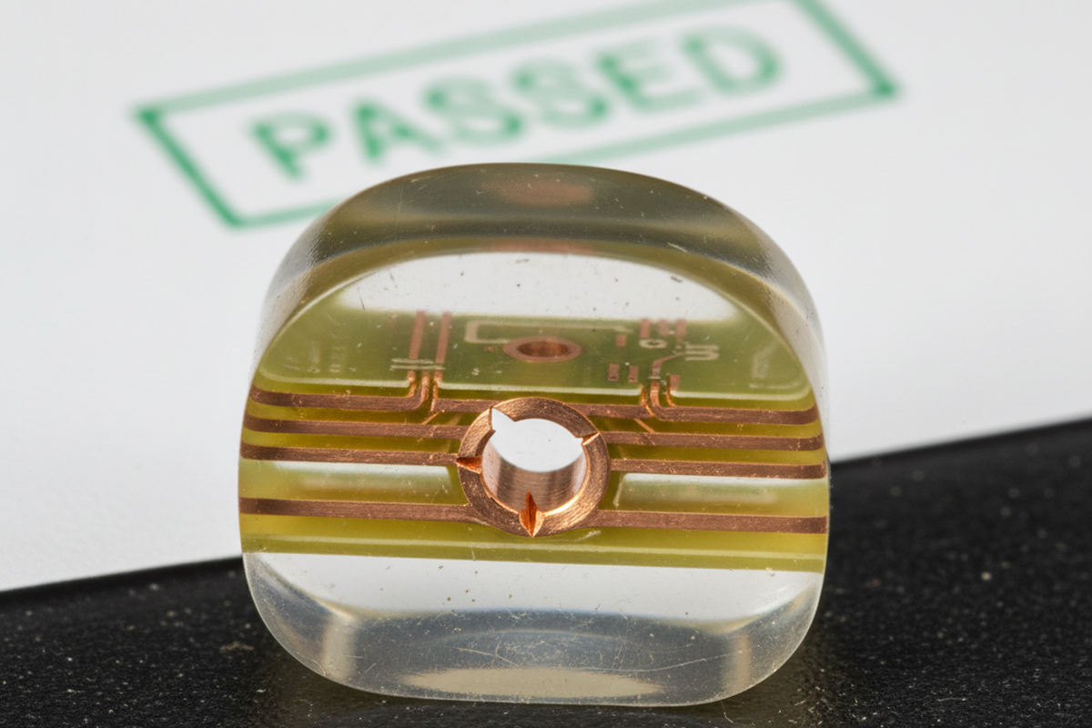 A clear resin puck containing a cross-sectioned slice of a printed circuit board sits on a dark textured surface. A white paper document with a green 'PASSED' stamp is visible in the out-of-focus background.