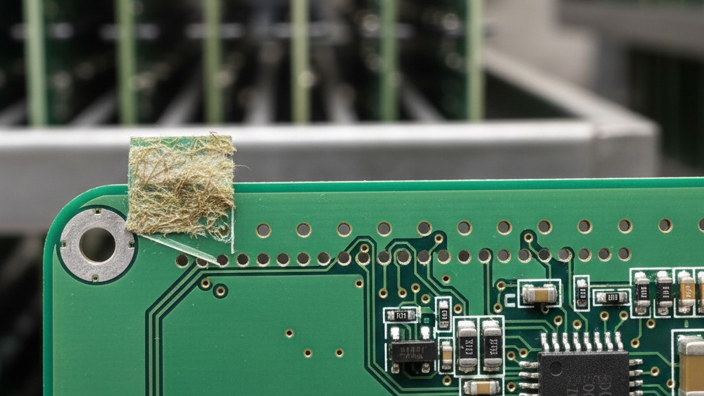 Крупный план отрывных вкладок панели печатной платы Крупный план перфорированных вкладок «мышиный укус», соединяющих печатную плату с рамой панели, расположенных рядом с электронными компонентами.