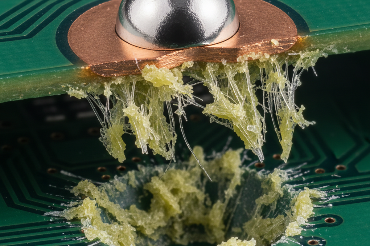 A silver solder ball sits on a copper pad that has been ripped upward from a green circuit board, trailing jagged strands of yellow resin. A matching crater in the board reveals the torn dielectric material where the mechanical fracture occurred.
