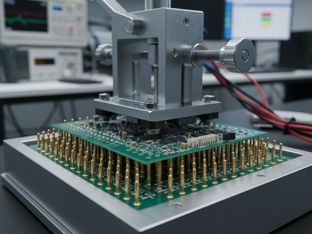 PCB test fixture closeup A close-up view of a printed circuit board clamped into a manufacturing test fixture with spring-loaded pogo pins contacting the surface.