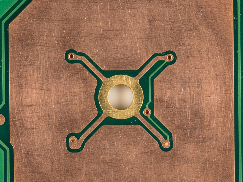 PCB thermal relief spokes A macro view of a bare printed circuit board focusing on a gold pad connected to a ground plane by four thin spokes.