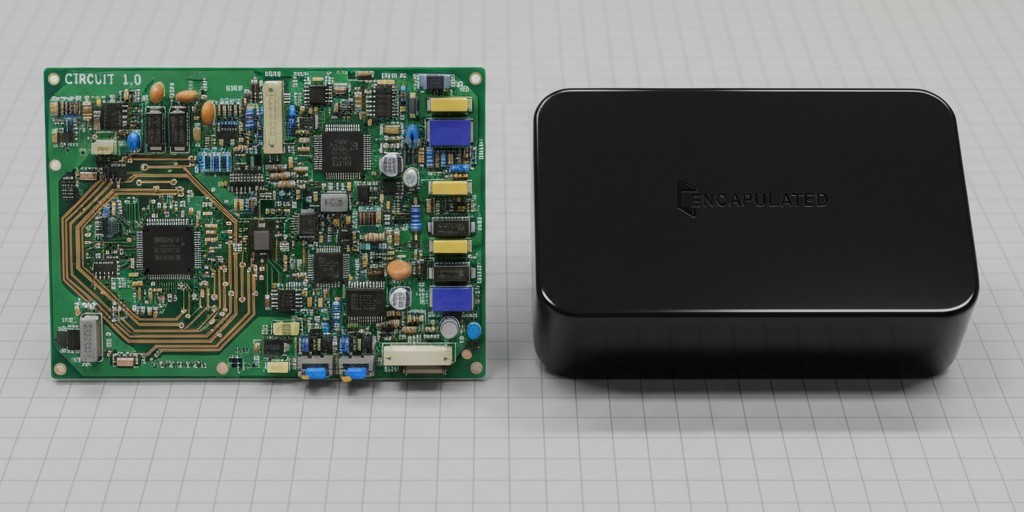 Potted module comparison Side-by-side view of an exposed green circuit board next to an identical unit completely encased in a solid block of black epoxy.