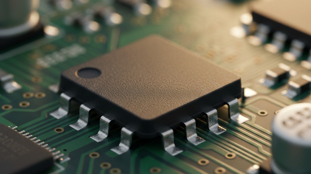 PowerQFN component macro view A high-magnification close-up of a black square QFN electronic component soldered onto a green circuit board, showing the leads and casing texture.