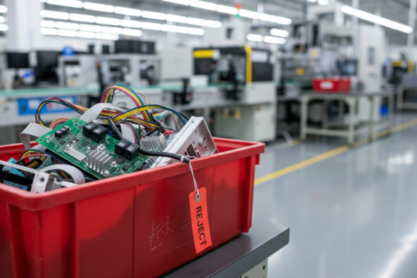 The Entropy of Invoices: Why Revision Collisions Kill Yield A red plastic container filled with tangled wires, green circuit boards, and electronic components rests on a table. A red tag labeled REJECT hangs prominently from the bin against a backdrop of blurred factory assembly lines and overhead lighting.