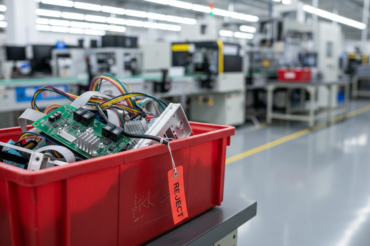 A red plastic container filled with tangled wires, green circuit boards, and electronic components rests on a table. A red tag labeled REJECT hangs prominently from the bin against a backdrop of blurred factory assembly lines and overhead lighting.