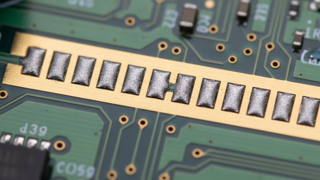 Segmented solder paste pattern Macro view of a PCB showing grey solder paste printed in a dashed line pattern on a gold grounding strip.