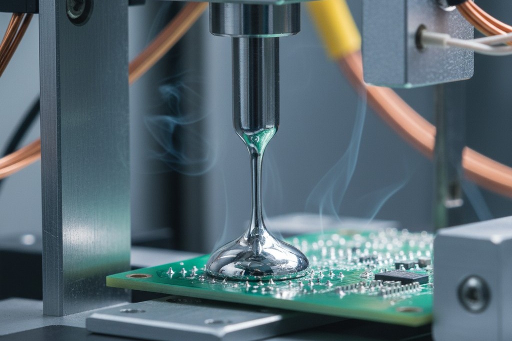 Selective soldering nozzle macro A close-up macro shot of a selective soldering machine nozzle pumping a small fountain of molten solder against the underside of a green circuit board.