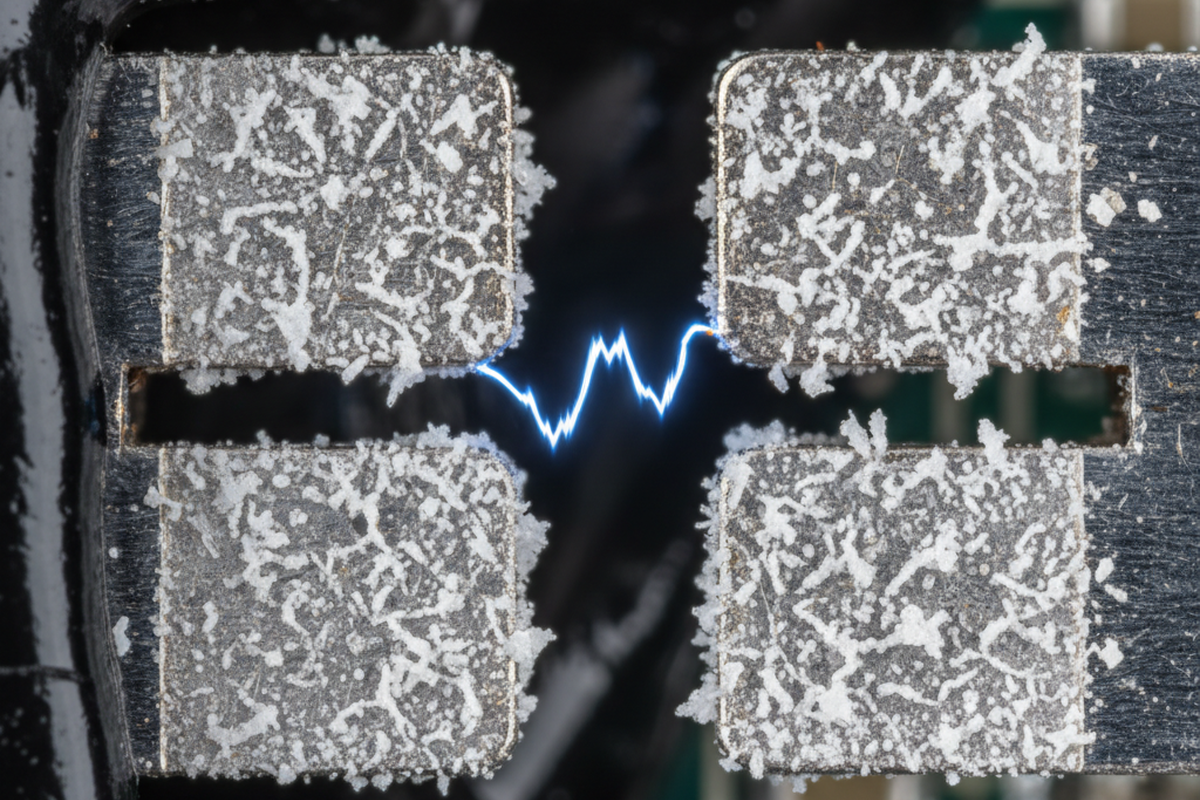 Two metal electrical contacts covered in a rough white crystalline substance have a bright blue jagged arc jumping across the gap between them.