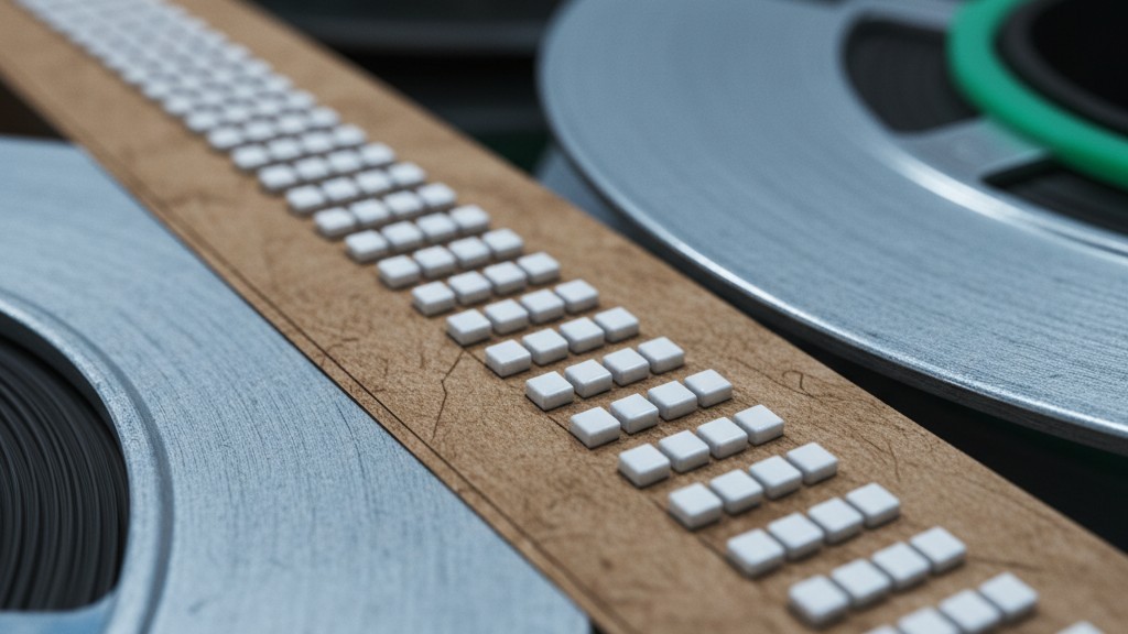 SMT component reels close-up A close-up view of paper tape reels carrying tiny electronic surface-mount components, showing the uniformity of the parts.