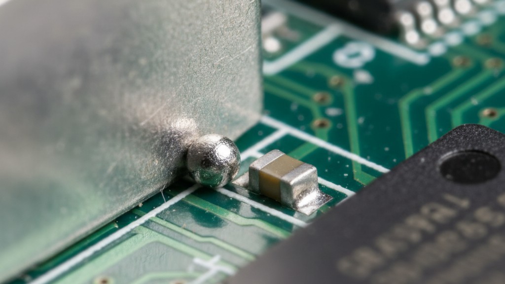 Macro view of solder bead defect A magnified close-up of a green circuit board showing a tiny silver solder sphere wedged between a rectangular capacitor and a metal wall.