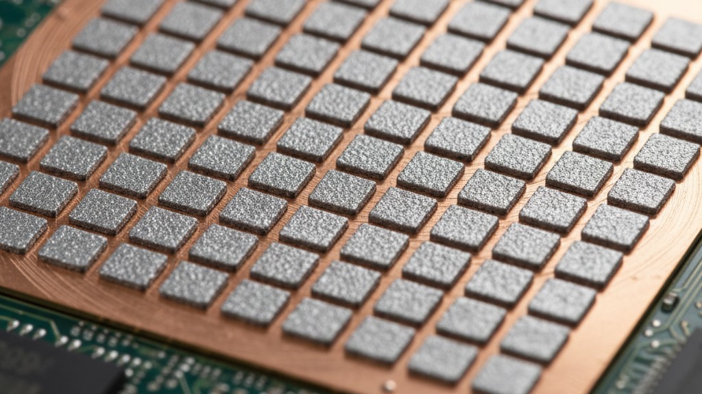 Solder paste window pane macro A macro close-up of grey solder paste printed on a copper pad in a grid pattern of small squares.