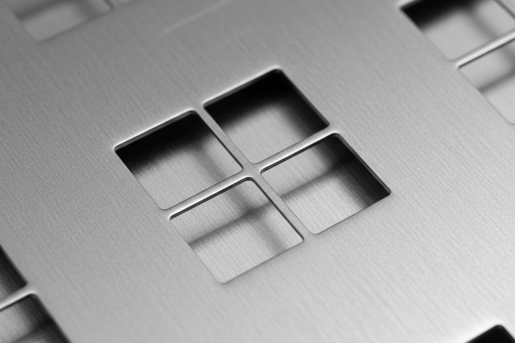 Solder stencil window pane grid Close-up of a stainless steel solder paste stencil showing a square aperture divided into a 2x2 grid pattern.