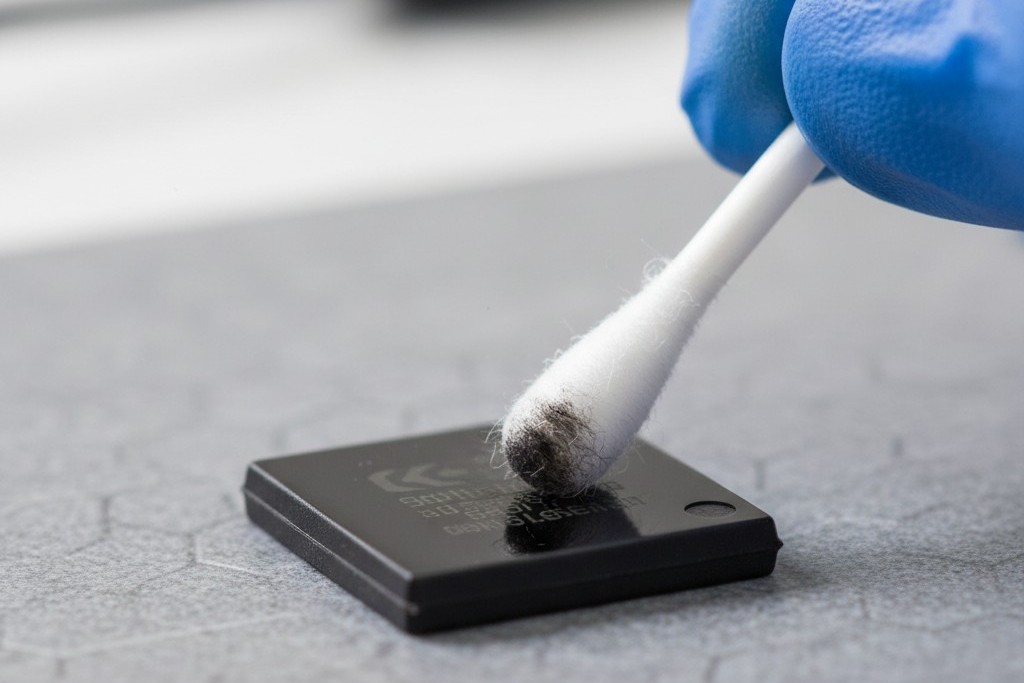 Blacktopping solvent resistance test Close-up of a gloved hand rubbing a black microchip with a cotton swab, revealing black residue on the swab tip.