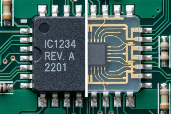 The Myth of the "Drop-In" Replacement: A Guide to Sourcing in the Allocation Era A macro shot of an integrated circuit on a PCB is divided vertically to show the black exterior package on the left and the internal gold wiring and die on the right.