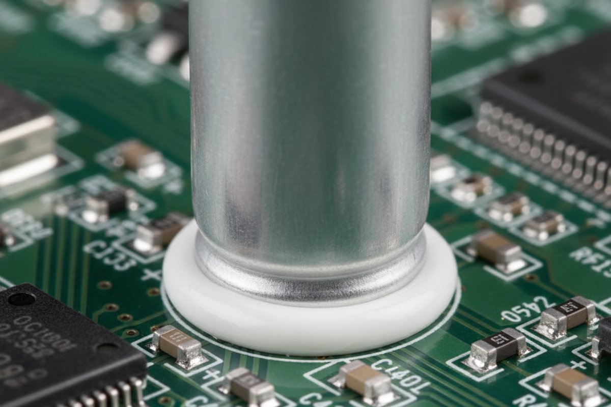 A silver cylindrical capacitor stands vertically on a green circuit board, secured by a ring of white adhesive around its base. Small surface-mount components and integrated circuits surround the central component.