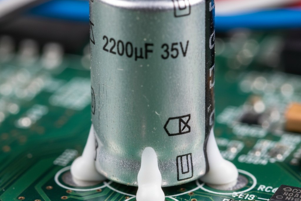 Surgical staking macro A close-up macro shot of a tall cylindrical capacitor on a circuit board, secured at the base with small beads of white silicone adhesive.