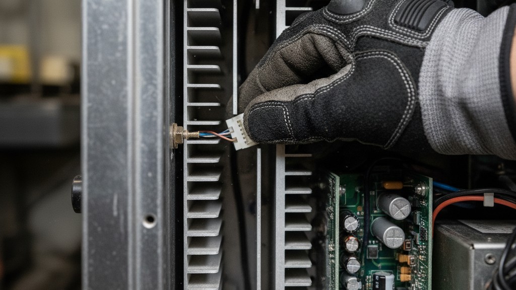 Technician hand access check A technician's gloved hand reaching into a cramped metal chassis to access a small internal connector between components.