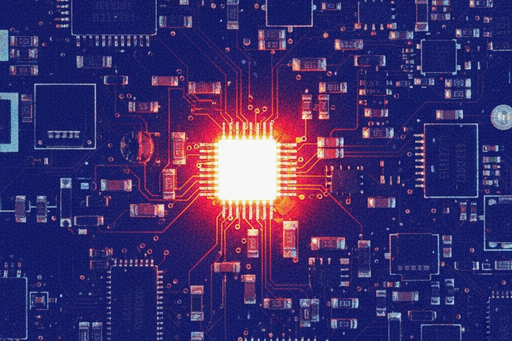Thermal heatmap of pcb hotspot A thermal camera visualization of a circuit board showing a single power component glowing bright white-red against a cool blue background.