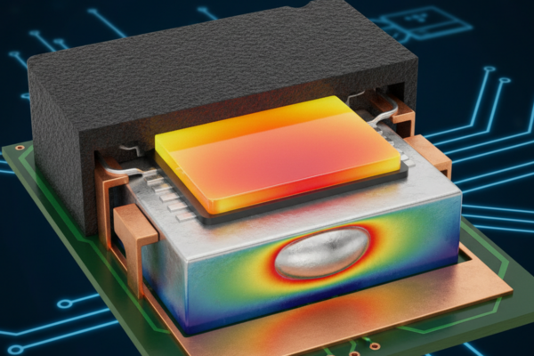 The Thermal Reality of Voiding: Why IPC Pass/Fail Isn't Enough for Power A 3D cutaway illustration displays a power component on a circuit board with a significant void visible in the metal solder layer beneath the die. Thermal coloring indicates a red and orange hotspot directly above the void, showing how the defect acts as a barrier to heat transfer.