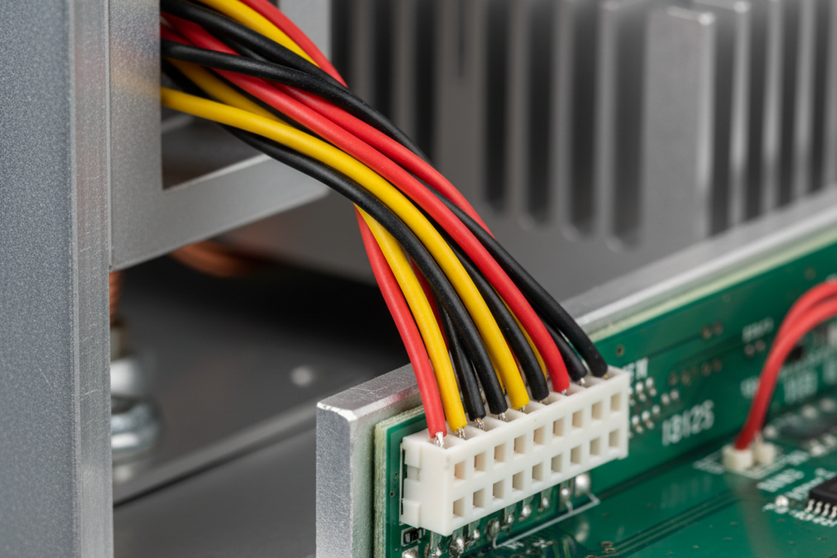 A bundle of red, yellow, and black wires passes through a rectangular metal cutout to connect with a white header on a green circuit board. The wires form a tight curve with minimal slack as they bridge the short distance to the connector.