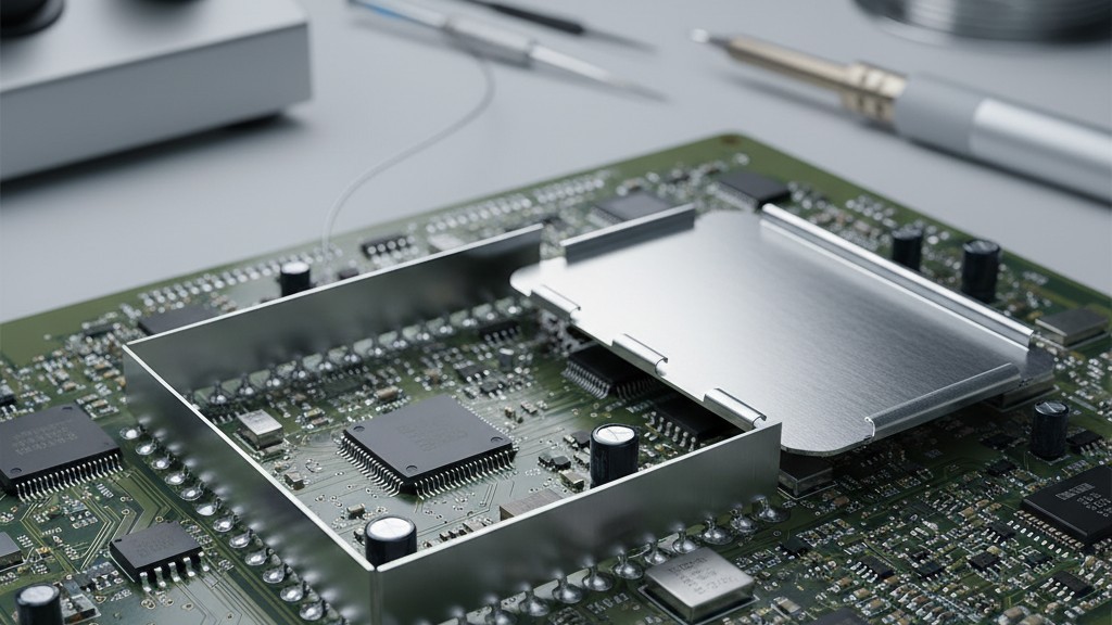 Two-piece RF shield assembly A close-up of a circuit board featuring a soldered metal shield frame surrounding components, with a separate metal lid positioned nearby.