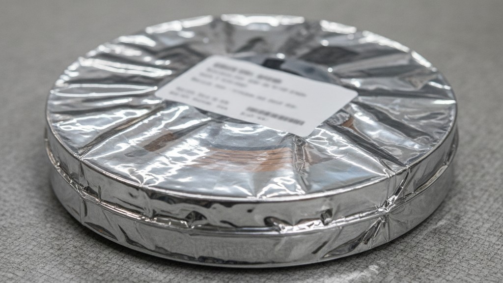 Вакуумная герметичная упаковка MBB Серебристый вакуумно-запечатанный влагобарьерный пакет с катушкой компонента внутри, лежащий на антистатическом коврике рабочего стола.