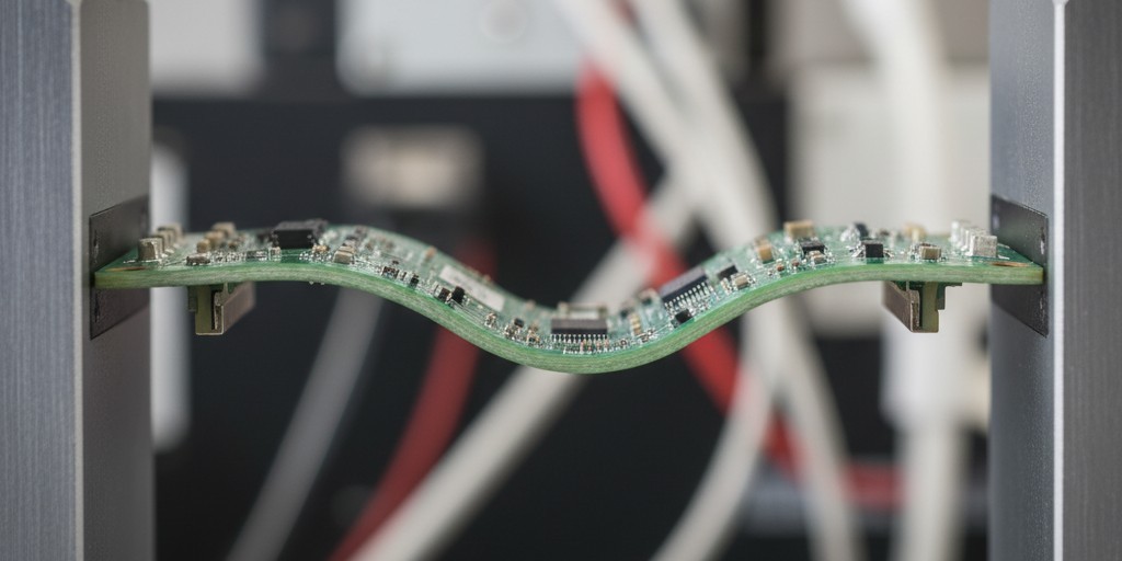 Профиль деформированной печатной платы Вид сбоку длинной узкой зелёной печатной платы, лежащей на опорах, с заметным провисанием в центре вниз.