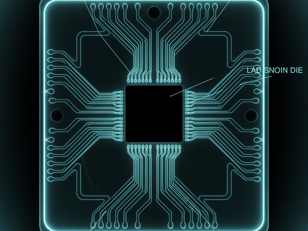 Рентгеновский осмотр микрочипа Монохромное рентгеновское изображение, показывающее внутреннюю структуру микрочипа, включая свинцовый каркас, проволочные соединения и кремниевый кристалл.