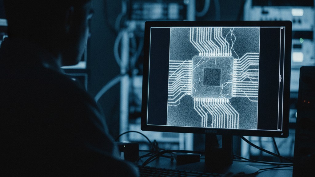 X-ray component verification screen A computer monitor in a dim lab displaying a monochromatic X-ray view of a microchip's internal wire bonds.