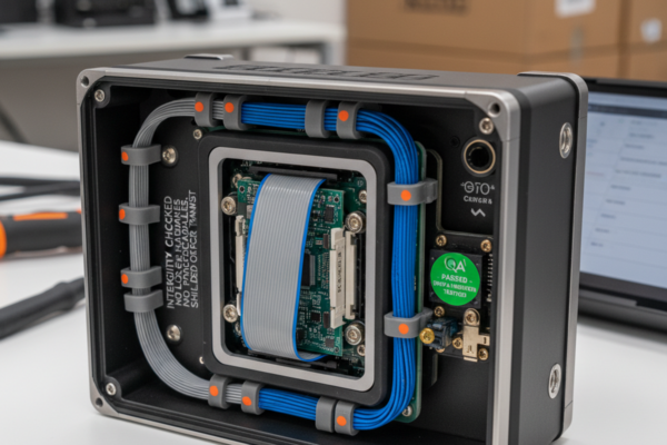 An open electronics enclosure shows neatly routed blue and gray cables secured with clips around a circuit board. Screws and a green QA passed sticker are visible on the panel.