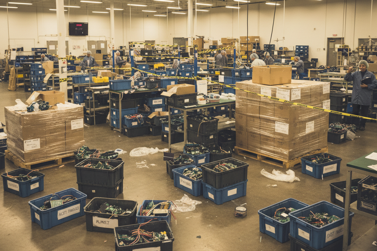 A large factory floor shows blue plastic totes filled with circuit boards around workbenches and wrapped pallets. Several workers in protective clothing stand among the stations under bright overhead lights.