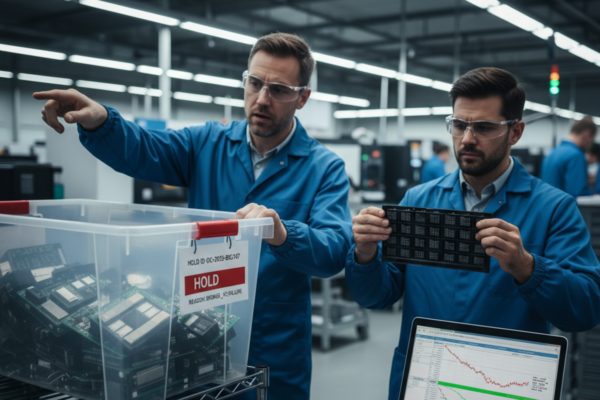 Two technicians in blue lab coats and safety glasses review an electronics panel beside a clear plastic bin labeled HOLD. A laptop on the workbench shows a declining test-yield style chart.