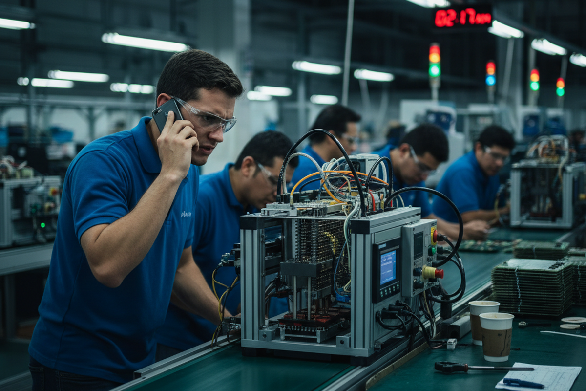 A technician in safety glasses talks on a phone beside a wired test fixture on a factory conveyor line. Stacks of circuit boards and other workers are visible in the background.