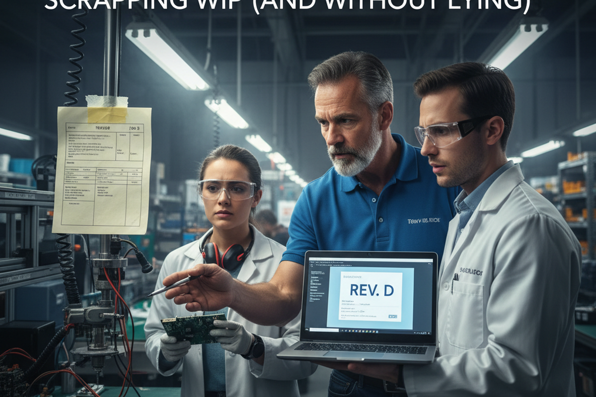 Three technicians in lab coats review a work instruction at an electronics workstation. A laptop displays “REV. D” while a printed traveler is taped to nearby equipment.