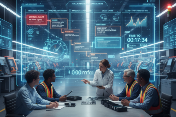 A group of engineers sits around a table in a modern factory while a person in a lab coat points at a large transparent dashboard. The display shows alerts, charts, and a countdown timer.