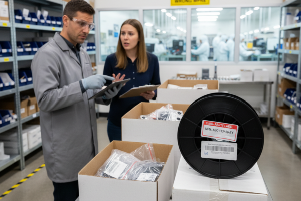 Two factory workers review a tablet and a clipboard beside open boxes of electronic components. A large reel in the foreground shows a prominent third-party label with an MPN code.