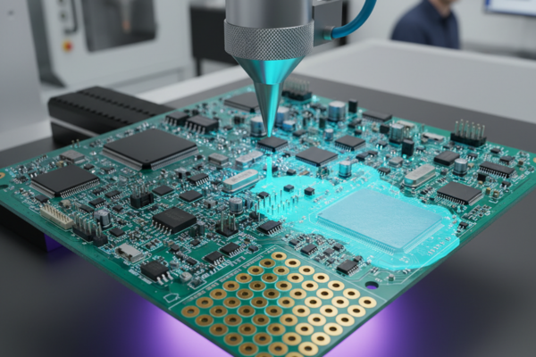 A robotic dispensing nozzle applies a blue coating onto a printed circuit board on a fixture. A grid of gold test pads remains uncovered near the corner.
